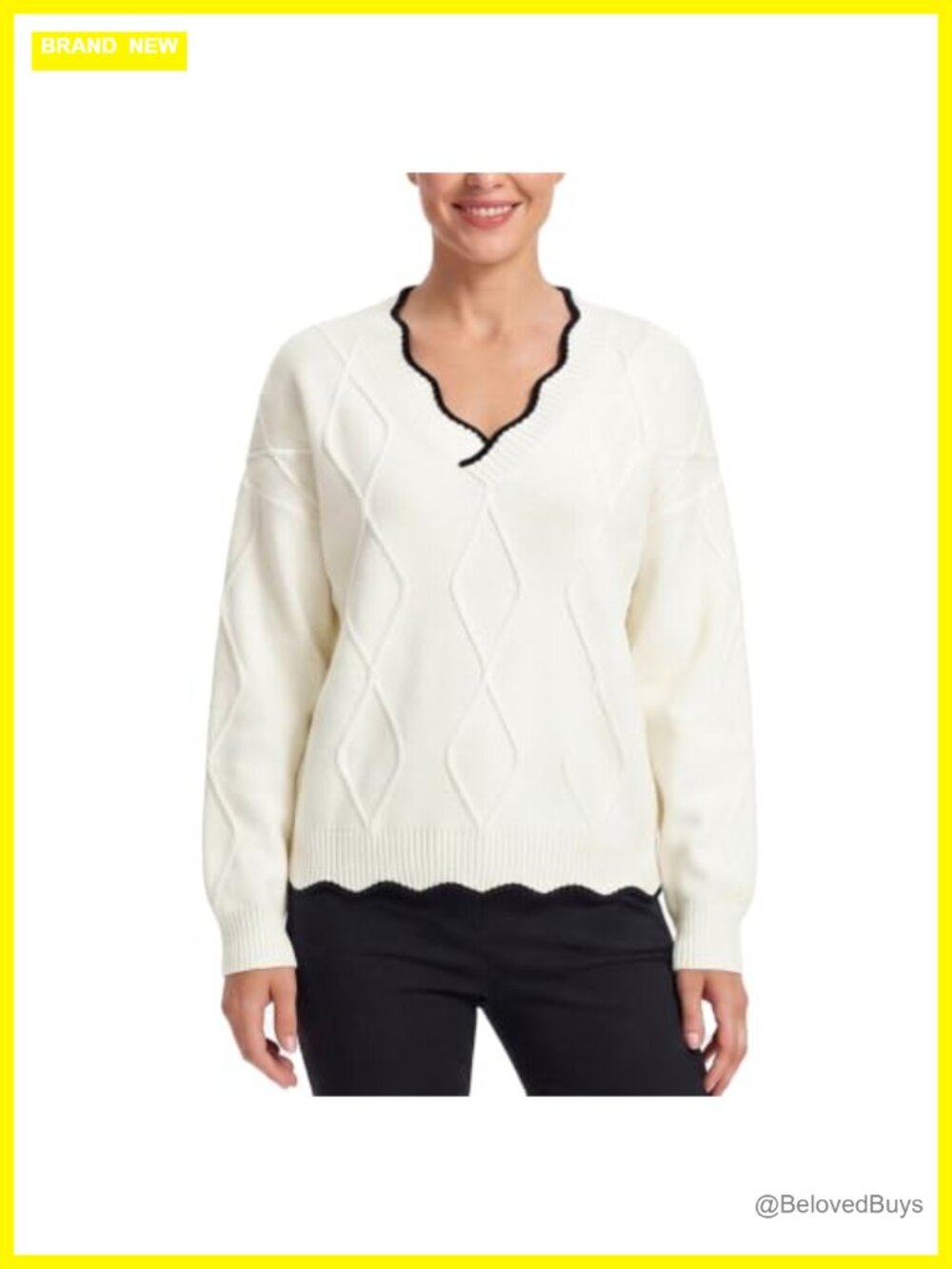 Scalloped V Neck Oversized Cable Knit Sweater Plus Size Fall Top